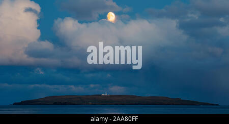 Moon over Copinsay Island, Orkney, Scotland Stock Photo