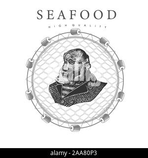 Bearded captain smoke smoking pipe, in the center round fishing nets on white background. Label for fish products or seafood in woodcut style Stock Vector