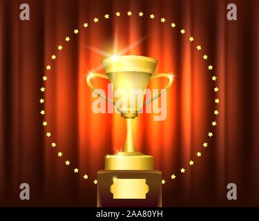 Golden Trophy Cup Award in circle of stars on red curtain. Winner ceremony or award concept Emblem. Vector illustration. Stock Vector
