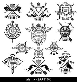 Big set of vector emblems for bow tem, crossbow club and hunting association Stock Vector