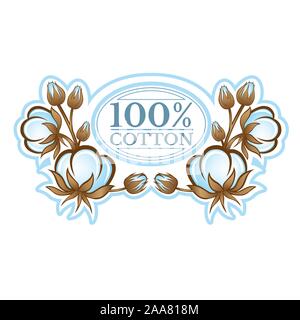 Color oval label between pattern from cotton plants. Logo for textile, fabric, cloth or business Stock Vector