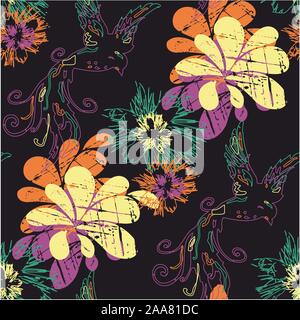 Colored seamless floral pattern isolated on black background. Flowers motif for fabric. Textile figures. - vector Stock Vector