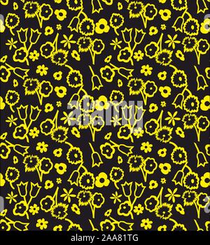 Yellow flowers pattern, little floral background. Seamless ornamental print. - Vector Stock Vector