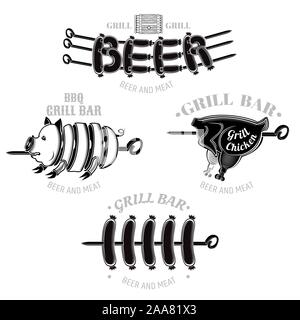 Set of grill and BBQ labels or emblems isolated on white. Pork chicken and sausages on skewer Stock Vector