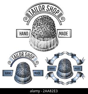 Three engraving banners with silver and black thimble in the middle of ribbons isolated on white. Vintage style for tailor or sewing design Stock Vector