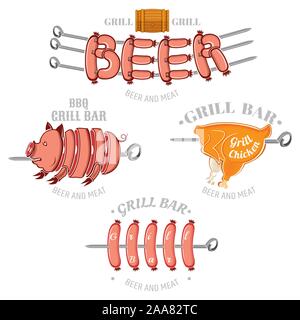 Set of color grill and BBQ labels or emblems isolated on white. Pork chicken and sausages on skewer Stock Vector