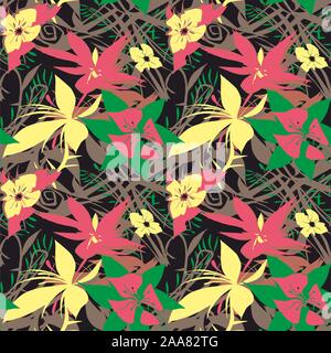 Colorful flowers vector pattern, Floral seamless background. Mixed natural illustration. Stock Vector