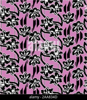 Simple cute floral pattern. Pink background, seamless small black flowers. - Vector Stock Vector