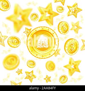 Golden coins and stars with depth of field effect flying around big coin in center Stock Vector