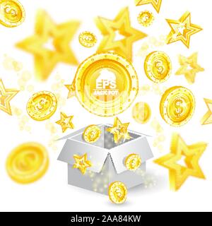 Golden coins and stars with depth of field effect flying from open gift box Stock Vector