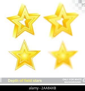 Gold stars on white in different position with sharp and depth of field effect Stock Vector