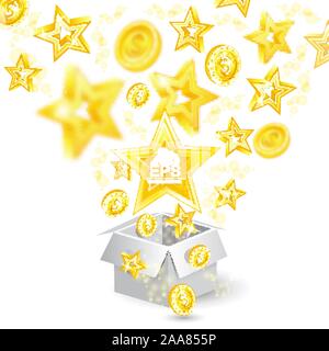 Golden coins, stars with depth of field effect flying from open gift box Stock Vector