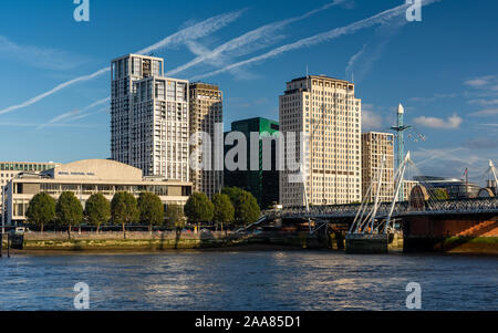 London, England, UK - September 12, 2019: A cluster of high rise buildings rise beside the Royal Festival Hall and Hungerford Bridge on London's South Stock Photo