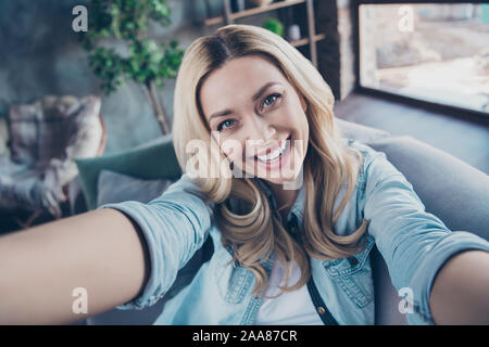 Self-portrait of her she nice attractive lovely pretty cute lovable winsome charming cheerful cheery wavy-haired girl having fun at modern industrial Stock Photo
