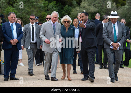 The Prince of Wales and the Duchess of Cornwall during their visit to Waitangi Treaty Grounds, the Bay of Islands, on the fourth day of the royal visit to New Zealand. Stock Photo