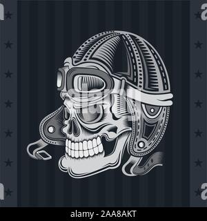 Monochrome illustration of skull side view with vintage motorcycle or aviator hat isolated on dark background Stock Vector