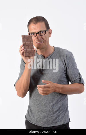 man with chocolate on white background Stock Photo
