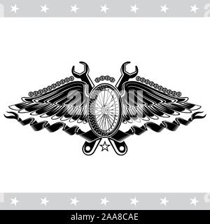 Motorcycle wheel with two wings and spanners from the both sides Stock Vector