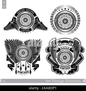 Set of banners with motorbike wheel in side view with wings, stars and ribbon. Vintage motorcycle design on white Stock Vector