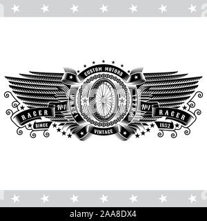 Vintage wheel in the middle of two wings Stock Vector