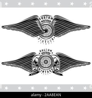 Two banners with motorbike wheel in side view between skulls and wings. Vintage motorcycle design isolated on white Stock Vector