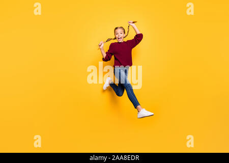 Full length photo of crazy overjoyed woman jump fists up big sale black ...