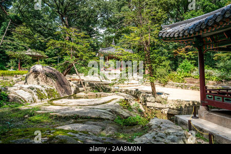 Huwon secret garden view with Ongnyucheon stream and Soyoam rock at Changdeokgung palace in Seoul South Korea