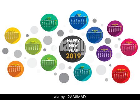 colorful round style new year calender 2019 design Stock Vector