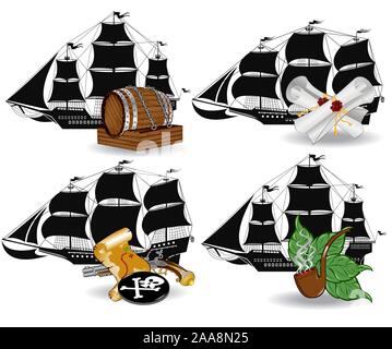 Pirate silhouettes old ships with vintage color objects besides Stock Vector