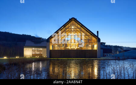 18 November 2019. Dalmunach Distillery, Carron, Aberlour, Moray, Scotland, UK AB38 7QP. This is the distillery on a very cold winter evening. Stock Photo