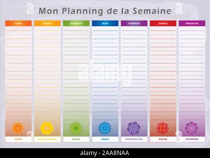 Weekly Planner with 7 Days and corresponding Chakras in Rainbow Colors - French Language Stock Vector