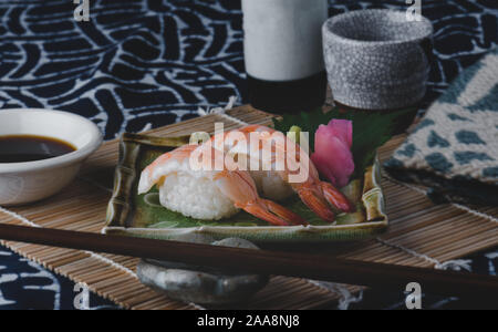 Shrimps sushi serve setting in Japanese style. Stock Photo