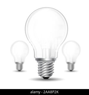 Three realistic mock up light bulb or lamp on white background. Vector illustration one bolb sharp and two bulbs depth of field Stock Vector