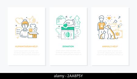 Volunteering concept - line design style banners set Stock Vector