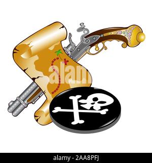 old gun pirate map Stock Vector