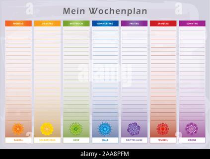 Weekly Planner with 7 Days and corresponding Chakras in Rainbow Colors - German Language Stock Vector