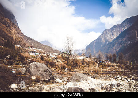 Picturesque mountain valley landscape scenery in one summer morning panoramic view. Stock Photo