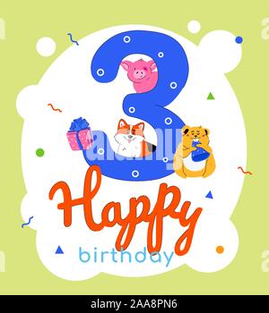 Children 3rd birthday greeting card vector template Stock Vector