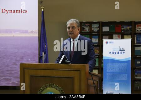 (191120) -- ISLAMABAD, Nov. 20, 2019 (Xinhua) -- Pakistani Foreign Minister Shah Mahmood Qureshi speaks during a seminar, the International Conference on Belt and Road Initiative in the Changing Regional Dynamics, held by the think tank Institute of Strategic Studies Islamabad in Islamabad, Pakistan, Nov. 20, 2019. Qureshi said Wednesday that China-proposed Belt and Road Initiative (BRI) has emerged as the single most effective instrument of globalism and international development cooperation in the world. During the two-day conference from Wednesday to Thursday, scholars and experts from C Stock Photo