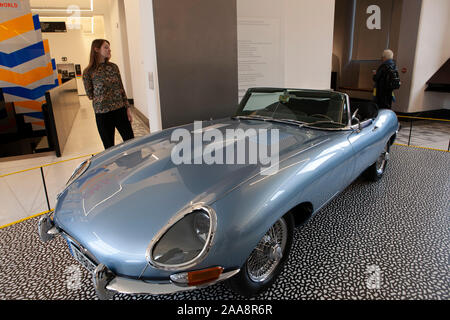 The V&A Museum in London hosts its major autumn exhibition 'Cars: Accelerating the Modern World'. The show includes this E-Type Concept Zero Jaguar. Stock Photo