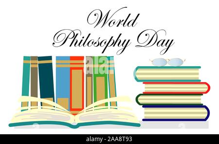 World Philosophy Day. Stack of books with open book and lettering on white background Stock Vector