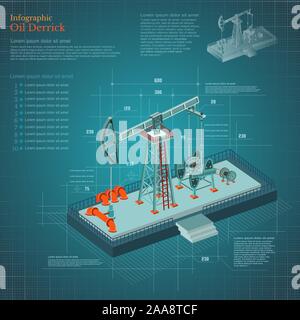 plan-drawing oil derrick tower infographic on blue scheme paper Stock Vector
