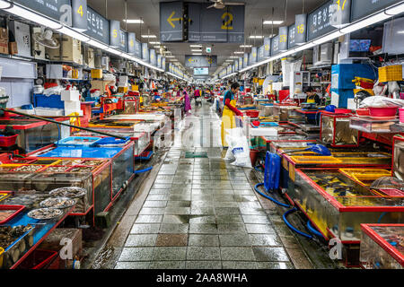 Busan Korea , 2 October 2019 : Jagalchi fish market alley view people in Busan South Korea Stock Photo