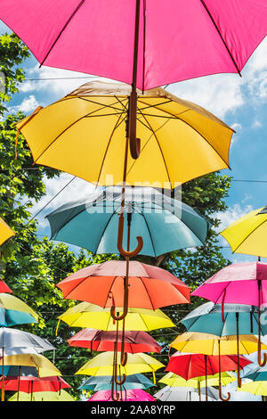 The colorful umbrellas are part of the decoration at the party mile Petofi Setany, Siofok, Somogy county, South Transdanubia, Hungary, Europe