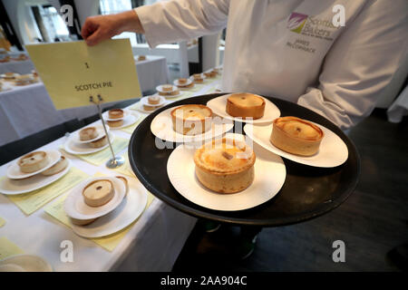 Scotch pies during judging at the 2020 World Scotch Pie Championship at Carnegie Conference Centre, Dunfermline. PA Photo. Picture date: Wednesday November 20, 2019. Each company is permitted to enter one Scotch Pie, Sausage Roll, Bridie, Macaroni Pie, Apple Pie and up to five savoury products. Photo credit should read: Andrew Milligan/PA Wire Stock Photo