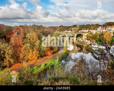 Railway viaduct across the River Nidd in autumn at Knaresborough North Yorkshire England Stock Photo