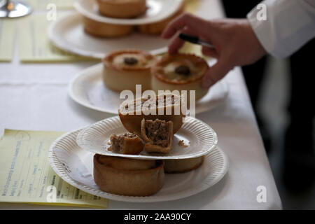 Scotch pies during judging at the 2020 World Scotch Pie Championship at Carnegie Conference Centre, Dunfermline. PA Photo. Picture date: Wednesday November 20, 2019. Each company is permitted to enter one Scotch Pie, Sausage Roll, Bridie, Macaroni Pie, Apple Pie and up to five savoury products. Photo credit should read: Andrew Milligan/PA Wire Stock Photo