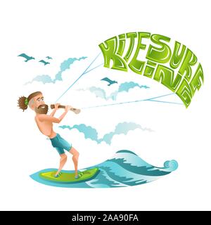 Beard man character riding on kiteboard with lettering kitesurfing on his parachute. Bright illustration in flat cartoon style isolated on white. Stock Vector