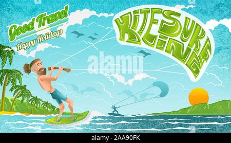 Beard man character riding on kiteboard with lettering kitesurfing on his parachute. Bright illustration in flat cartoon style. Stock Vector