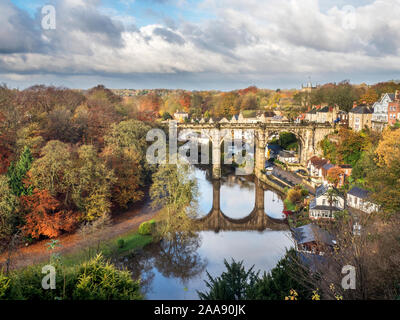 Railway viaduct across the River Nidd in autumn at Knaresborough North Yorkshire England Stock Photo